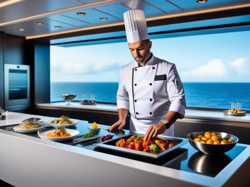 Una cocina de lujo en un crucero, con innovaciones culinarias y un chef preparando un plato gourmet