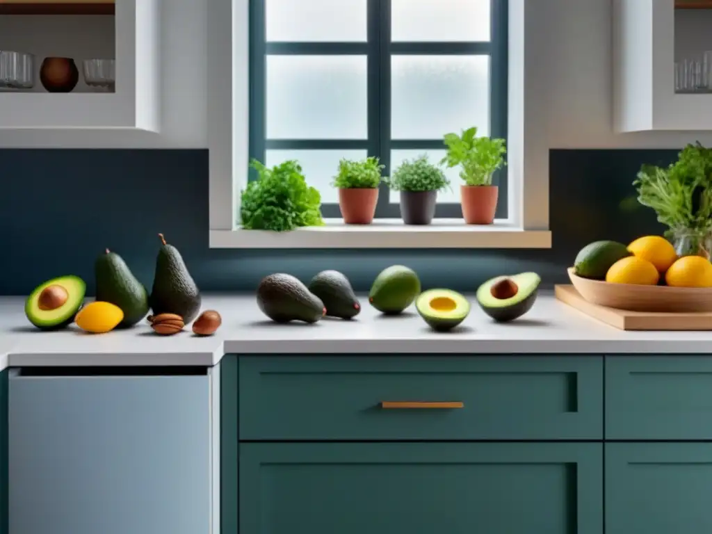 Una cocina minimalista con ingredientes keto frescos y coloridos iluminados por luz natural