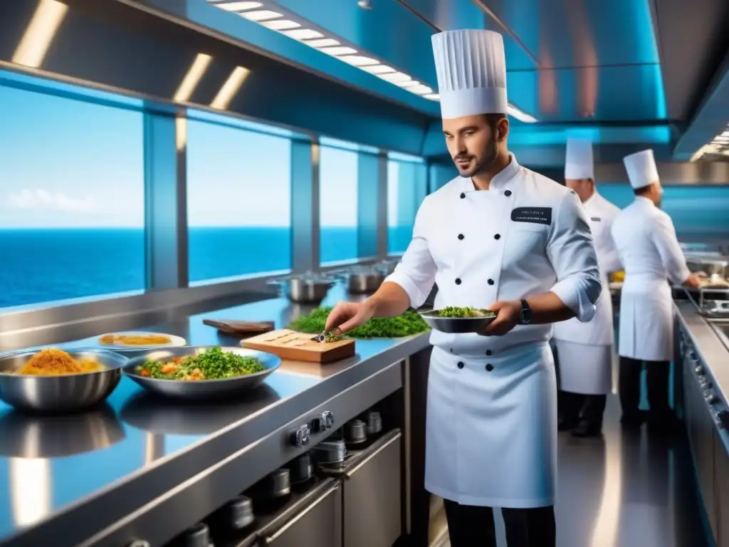 Cocina moderna en crucero con chefs elaborando platos, ambiente dinámico y sereno