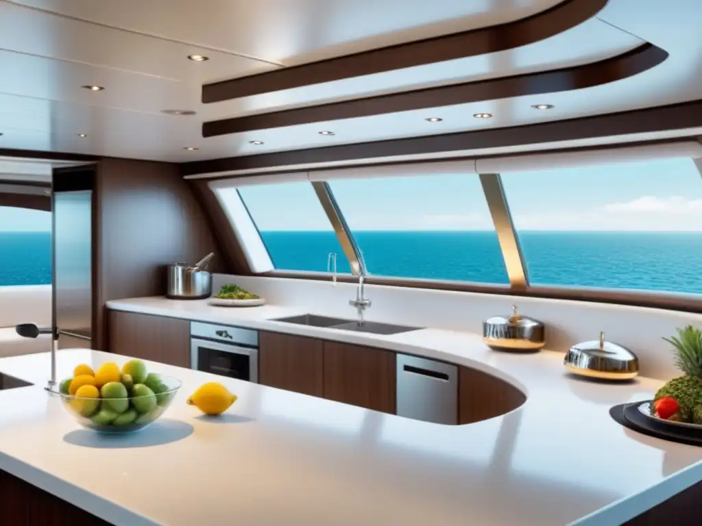 Una cocina moderna y elegante en un lujoso yate, bañada por luz natural y con vista al mar