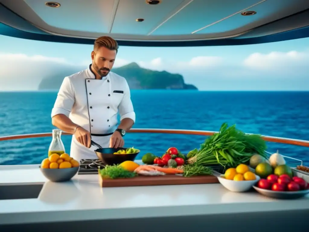 Cocina saludable en alta mar: Chef preparando delicias frente al mar en lujoso y moderno yate