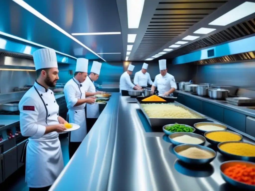 Cocina en vivo en un bullicioso crucero, chefs preparando ingredientes frescos con precisión, tecnología avanzada en acción