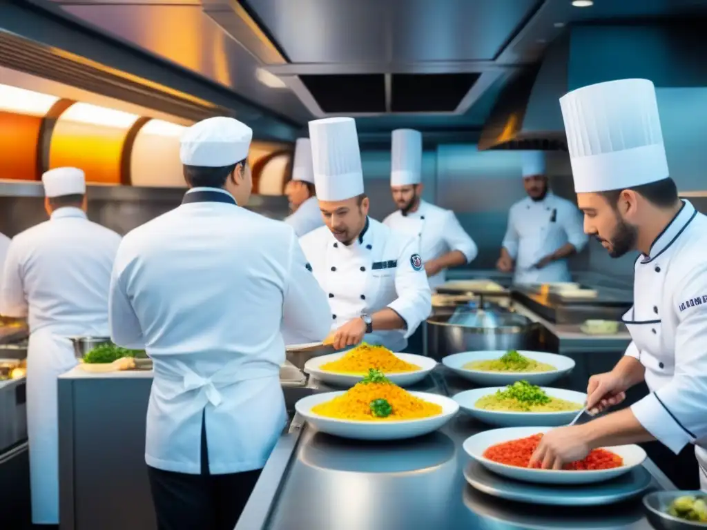 Cocina en vivo en crucero: Chefs expertos preparan delicias en un bullicioso escenario culinario, lleno de color y energía