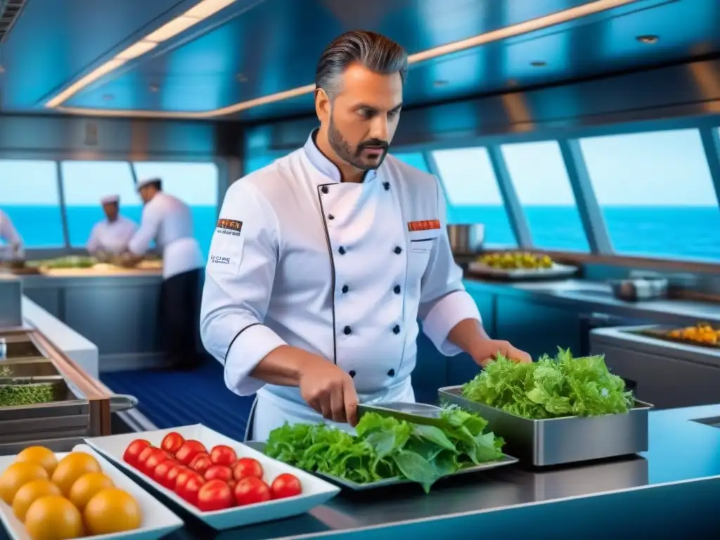 Cocina en vivo en crucero marino: chef preparando plato exquisito rodeado de ingredientes frescos con vista al mar