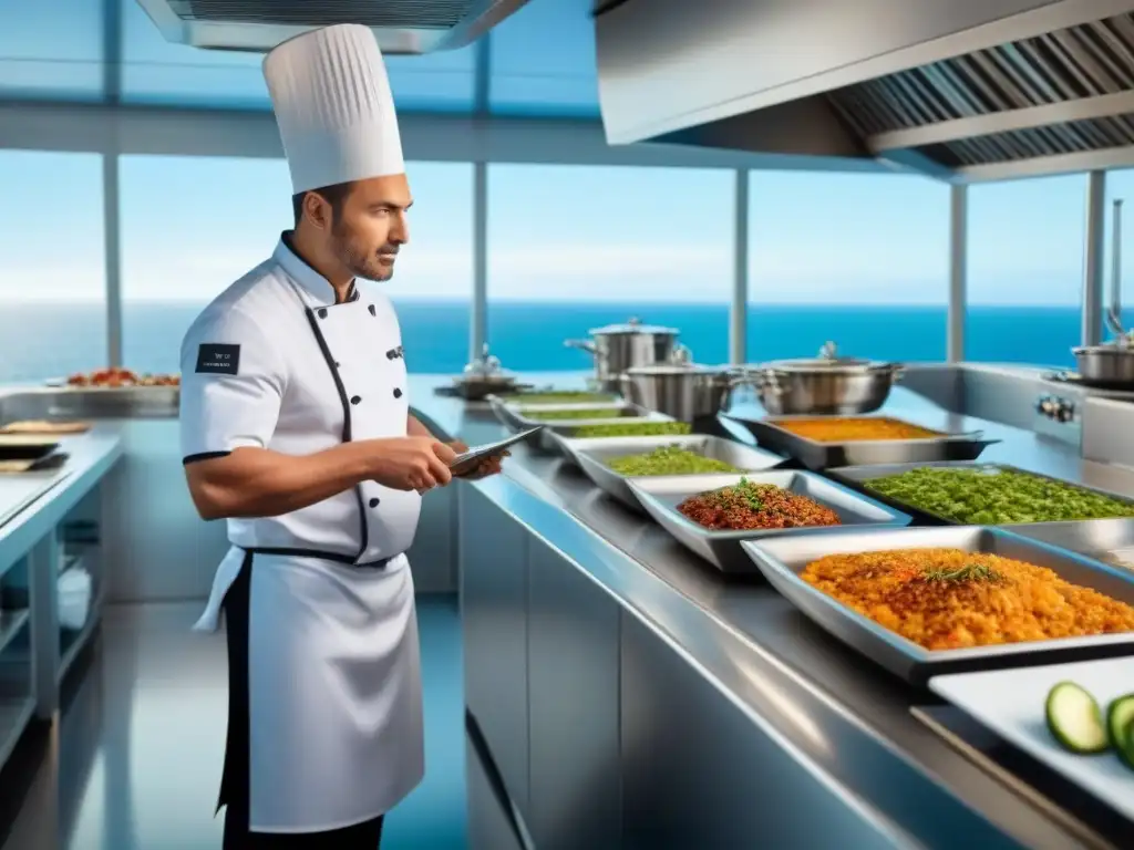 Una cocina en vivo en cruceros con chef preparando plato gourmet, en ambiente elegante y luminoso frente al mar