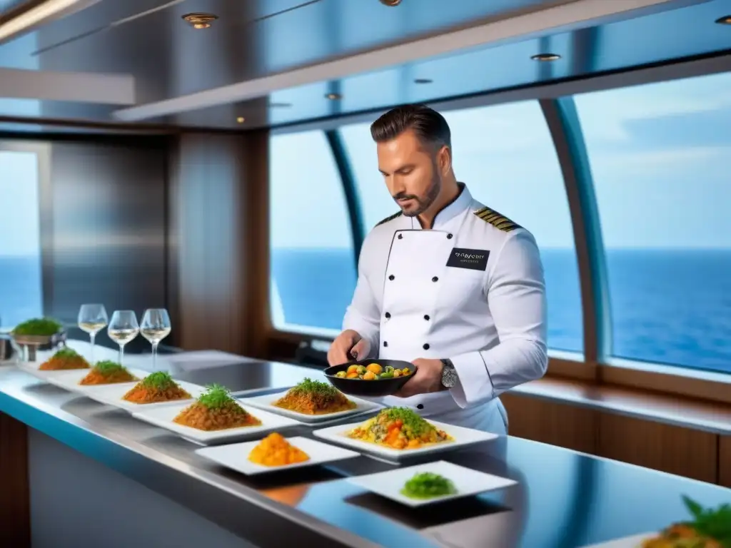 Cocina en vivo en cruceros: Chef preparando plato gourmet en un elegante espacio con vista al mar