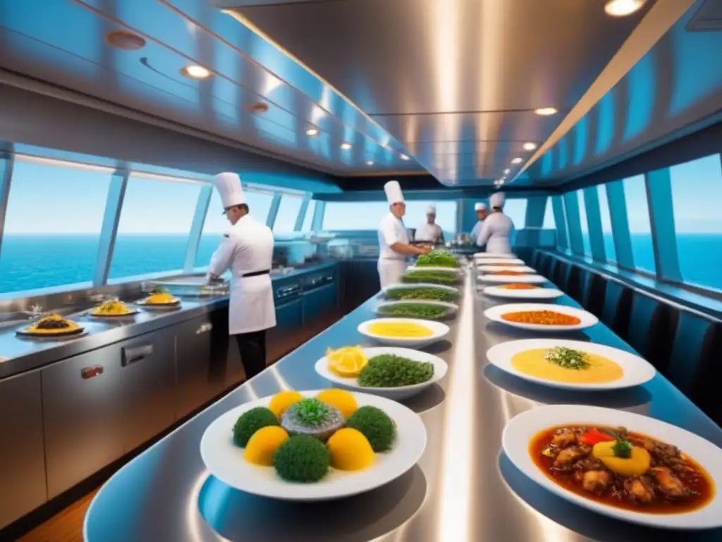 Cocina en vivo en cruceros: Chefs creando platos gourmet en un moderno y elegante kitchen con vistas al mar