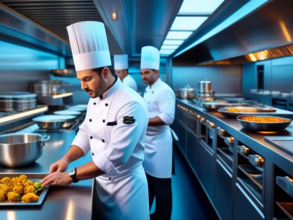 Cocina en vivo en cruceros: Chefs preparando exquisiteces en una lujosa cocina de barco, rodeados de acero inoxidable y utensilios brillantes