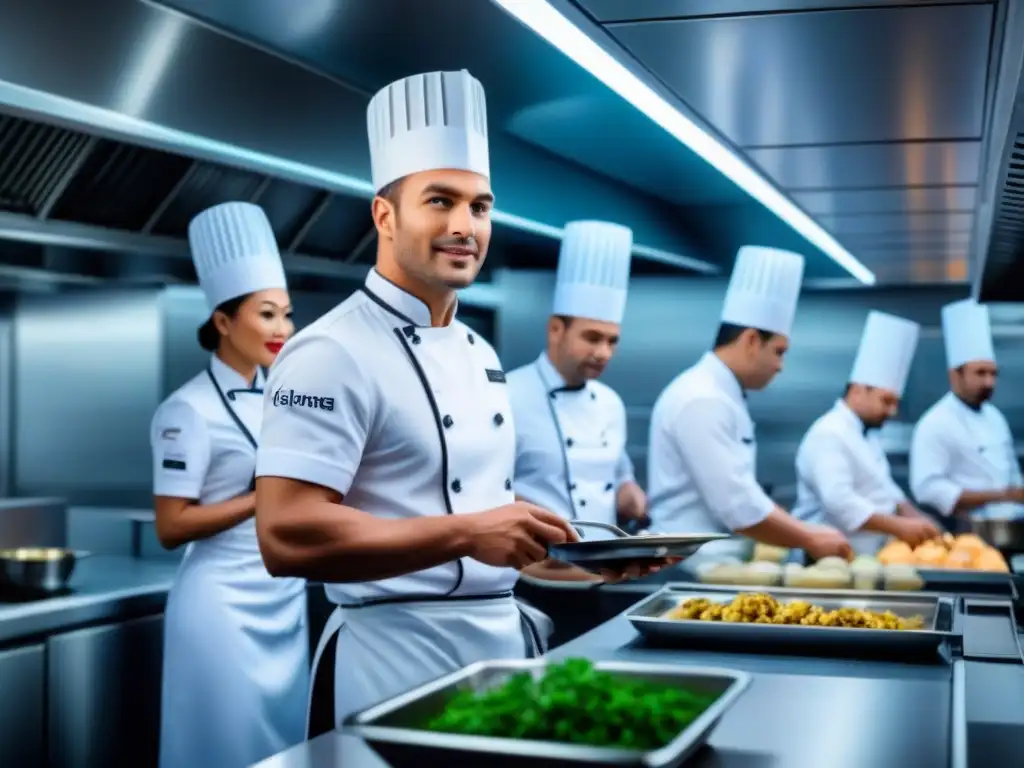 Cocina en vivo en cruceros: cocina moderna y elegante con chefs profesionales en uniformes blancos, rodeados de utensilios de acero inoxidable