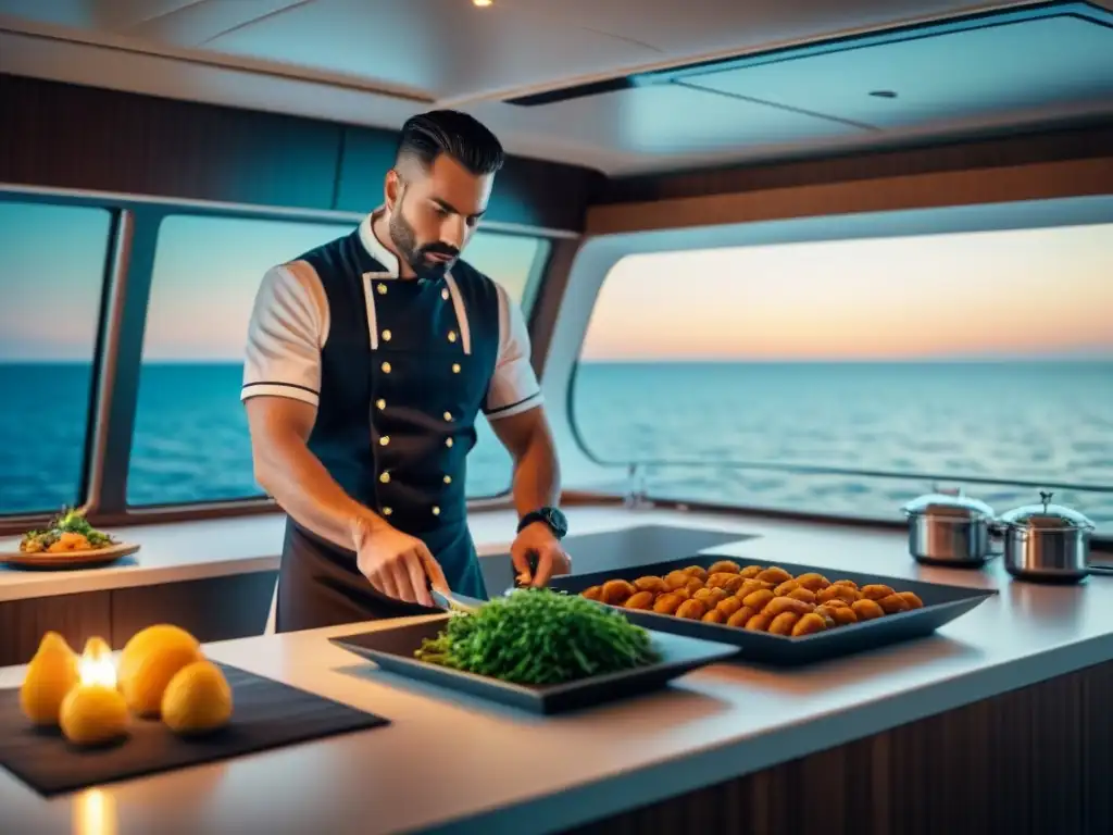 Cocina en vivo en alta mar: Chefs preparan platillos gourmet en una cocina elegante en un lujoso yate, con el mar de fondo