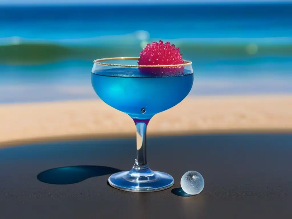 Coctel azul en vaso cristalino con hielo, sal rosa y detalles submarinos