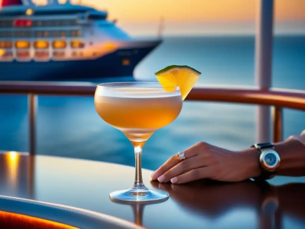 Un cóctel clásico siendo preparado con elegancia en un crucero al atardecer, capturando la historia de bebidas emblemáticas en cruceros