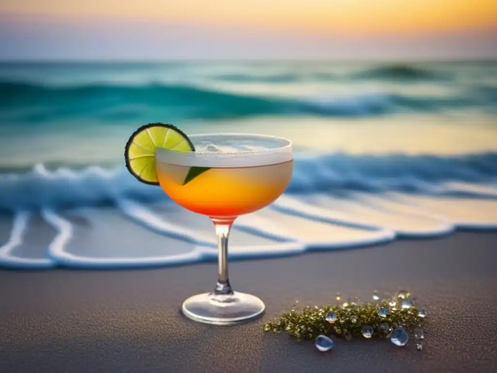 Coctelería con agua de mar: atardecer sereno en la playa con un cóctel y vista al mar