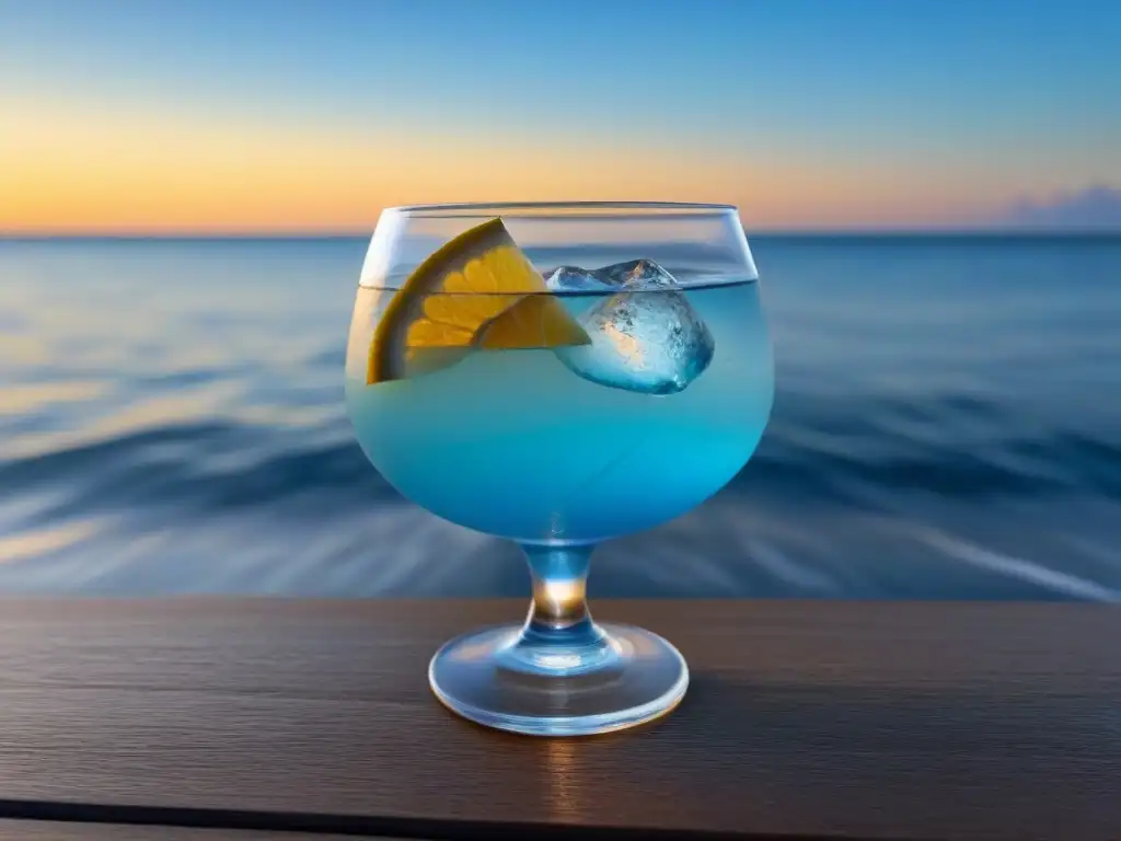 Coctelería con agua de mar: Copa minimalista con líquido cristalino y sal marina, toque cítrico sobre fondo degradado marino y cielo