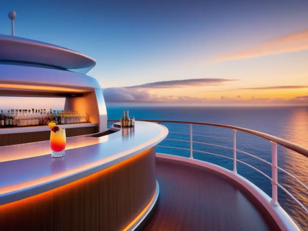 Cocktails de vanguardia en crucero de lujo al atardecer Disfruta cócteles innovadores en un bar de crucero al atardecer con vista al mar