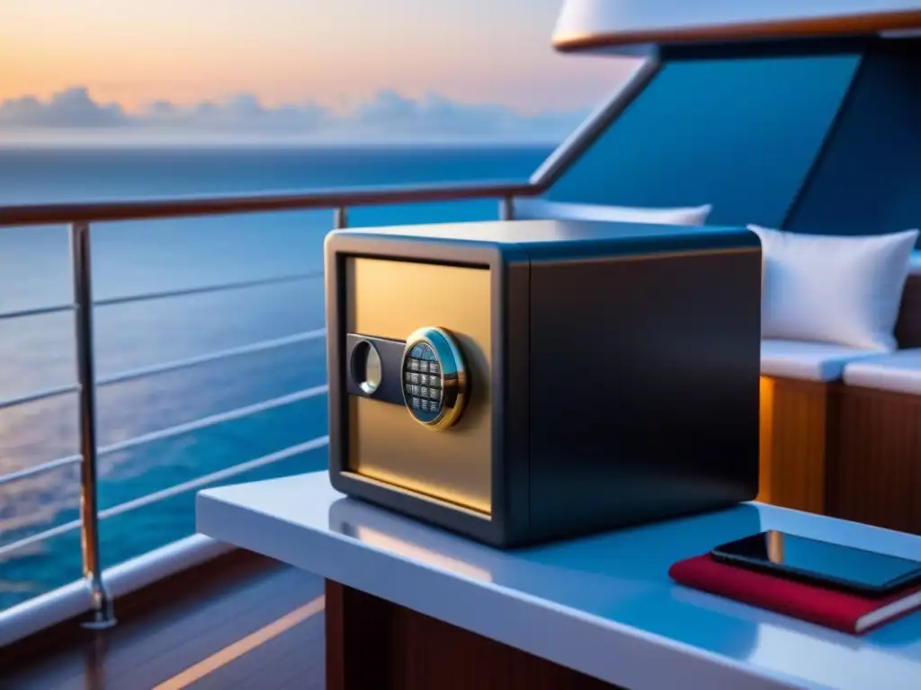 Un cofre moderno en un lujoso crucero, bañado por la luz dorada del atardecer