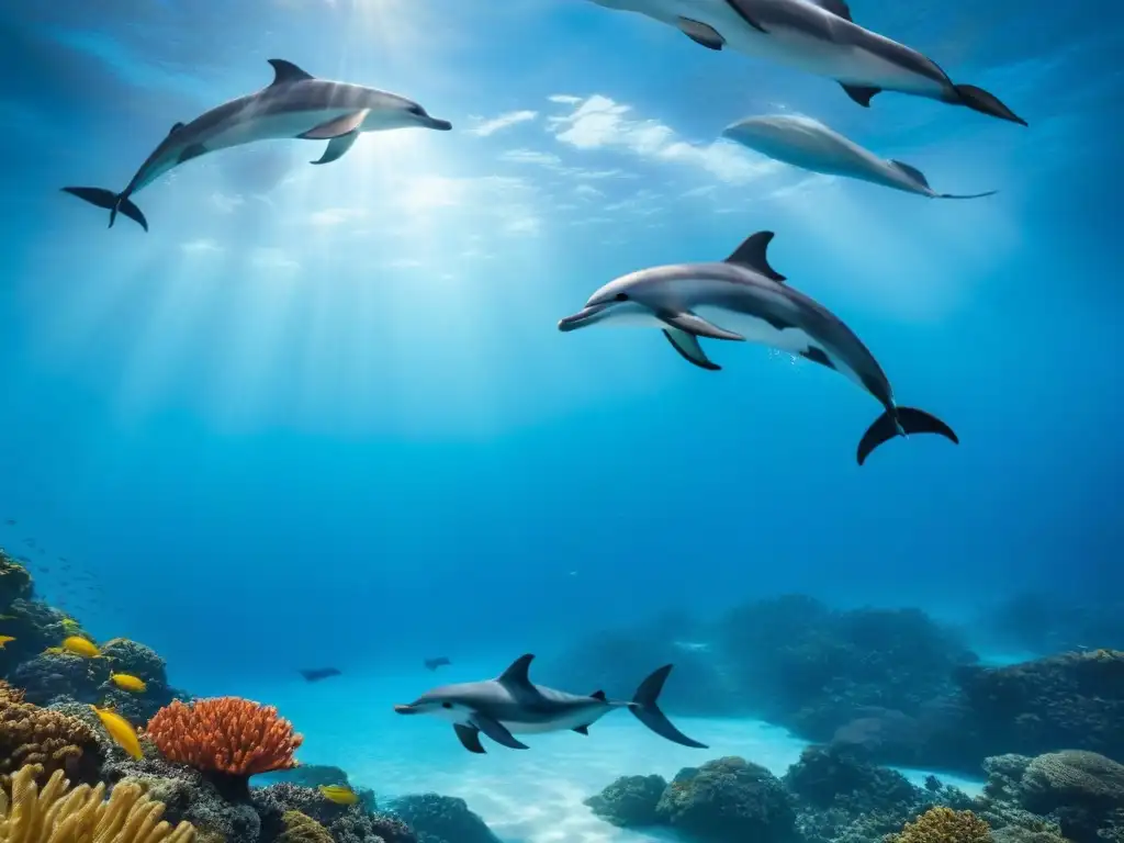 Crucero elegante y delfines en armonía en aguas cristalinas Colaboraciones cruceros conservación marina: Un crucero elegante navega en aguas cristalinas junto a delfines y un arrecife vibrante