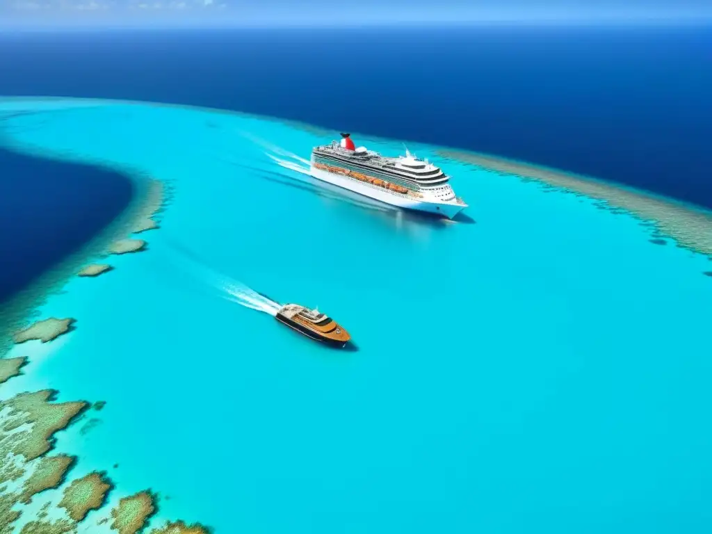 Crucero en armonía: vida marina y conservación Colaboraciones cruceros conservación océano: Un crucero elegante navega en aguas turquesa con arrecifes de coral y vida marina colorida
