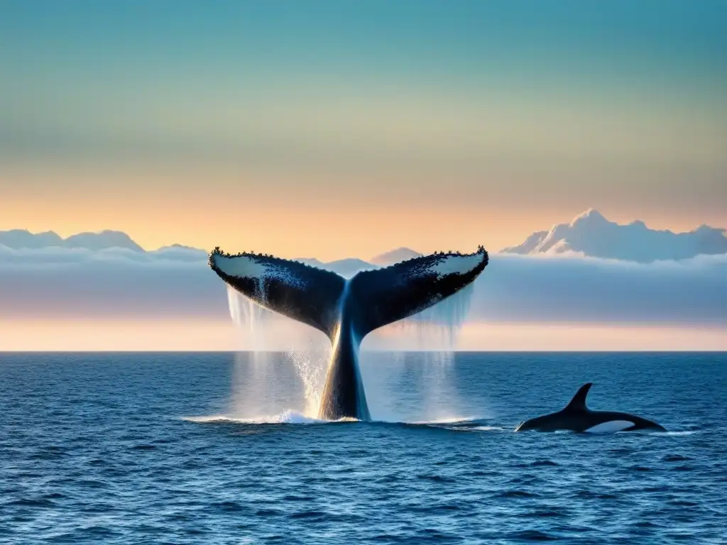 Crucial colaboración: crucero elegante entre ballenas y océano sereno Colaboraciones cruceros conservación océano: majestuosas ballenas rodean un crucero en un tranquilo océano al atardecer