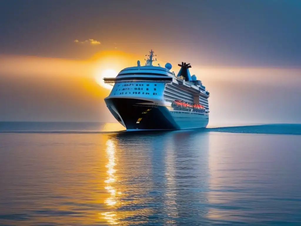 Colaboraciones estratégicas industria cruceros: lujoso crucero navegando al atardecer en aguas tranquilas