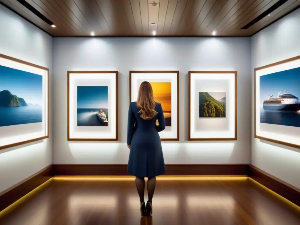 Colecciones de arte en cruceros: Galería flotante minimalista en un lujoso barco, con elegantes obras de arte y visitantes admirando