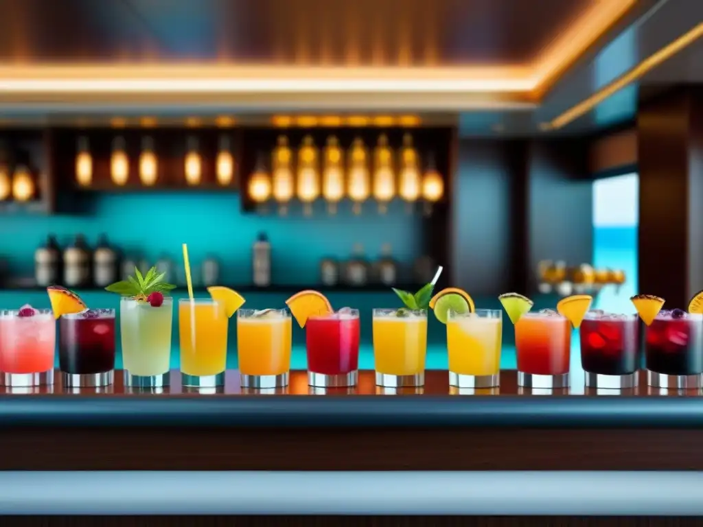 Una colorida exhibición de bebidas sin alcohol en cruceros, con cócteles decorados y sombrillas vibrantes en un elegante bar de un crucero moderno