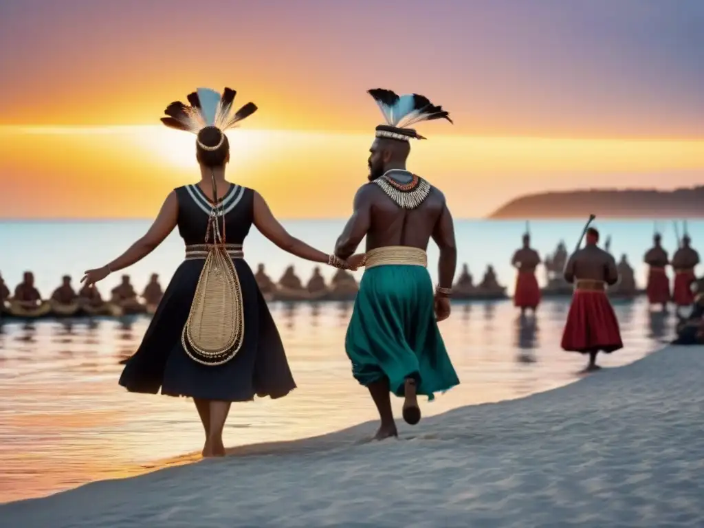 Colorida ceremonia ancestral en festival marítimo al atardecer