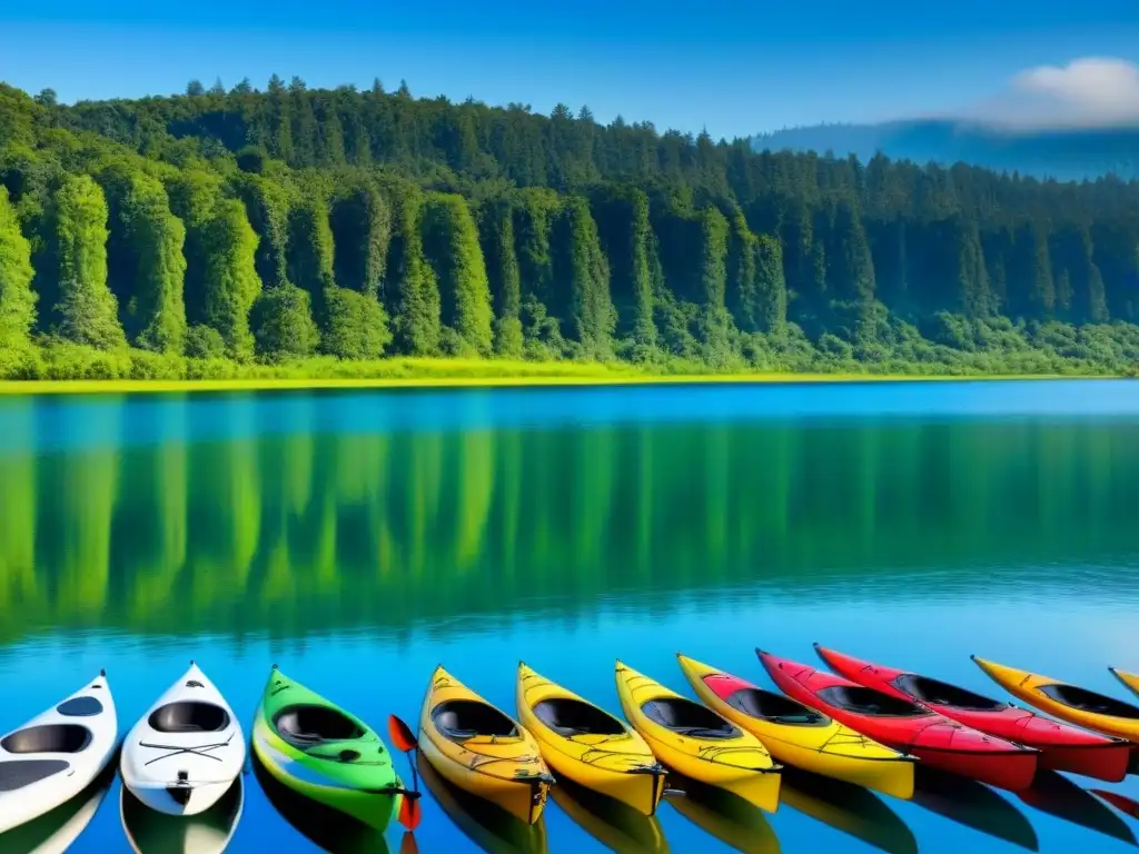 Colorida fila de kayaks y paddleboards en lago tranquilo, reflejando calma y festivales de kayak y paddleboarding