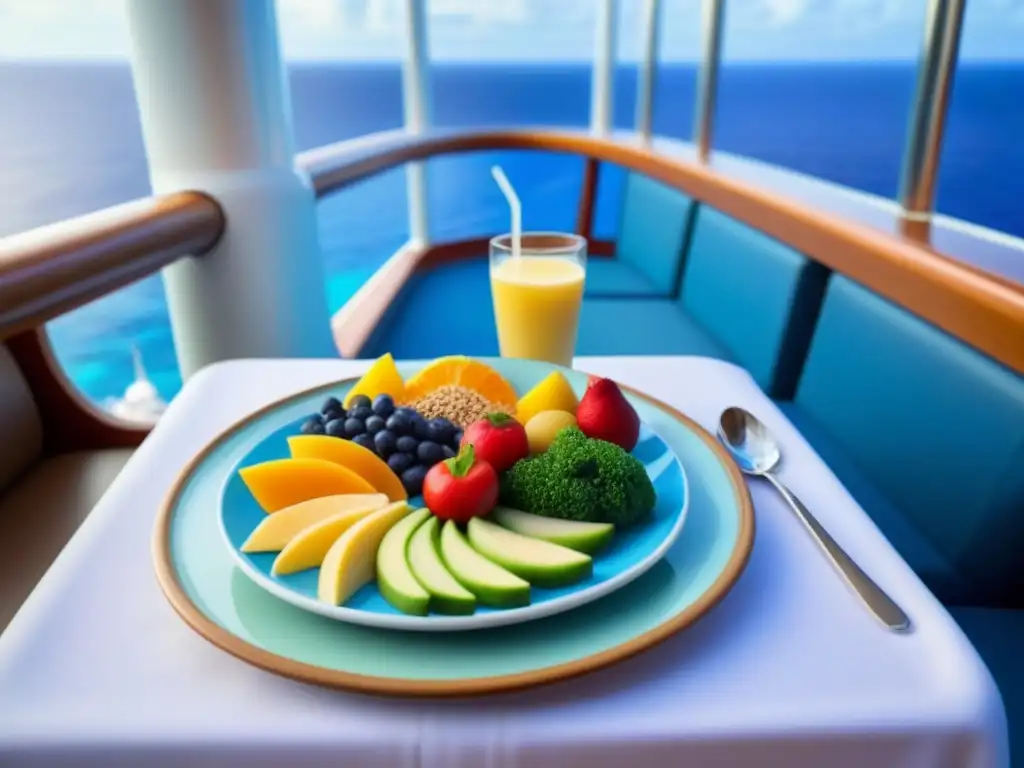 Una colorida y vibrante bandeja infantil en un crucero, llena de alimentos saludables y deliciosos