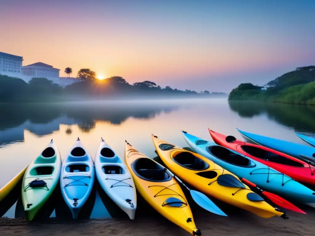 Kayaks y paddleboards coloridos en un río tranquilo al atardecer en festivales de kayak y paddleboarding