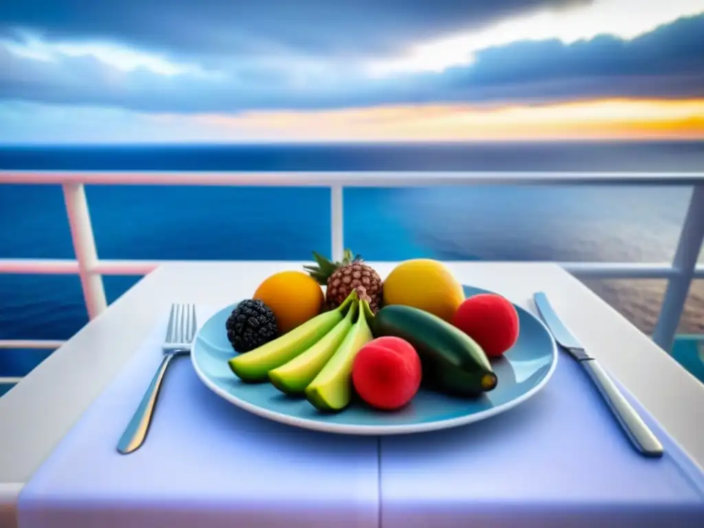 Una comida equilibrada en cruceros con vista al mar: fresca, colorida y balanceada, transmitiendo calma y bienestar