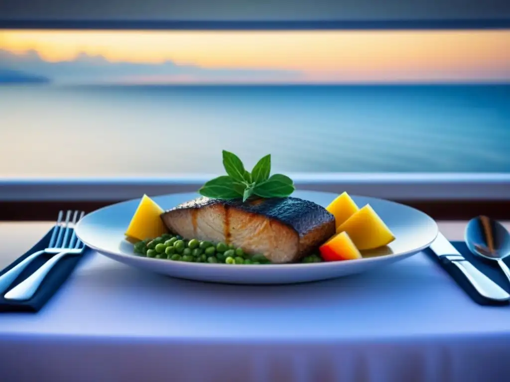 Una comida de nutrición personalizada en cruceros, presentada con elegancia en una mesa moderna frente al mar