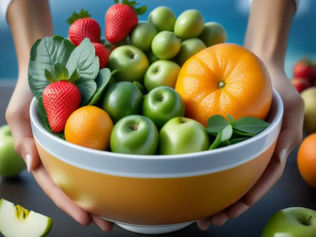 Comida saludable en cruceros: vibrante selección de frutas y verduras frescas en un elegante tazón moderno