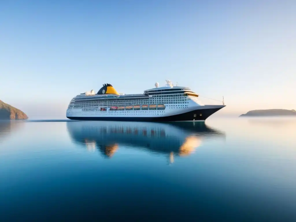 Comparativa de precios: Crucero moderno surcando aguas tranquilas bajo cielo azul, reflejando elegancia y aventura