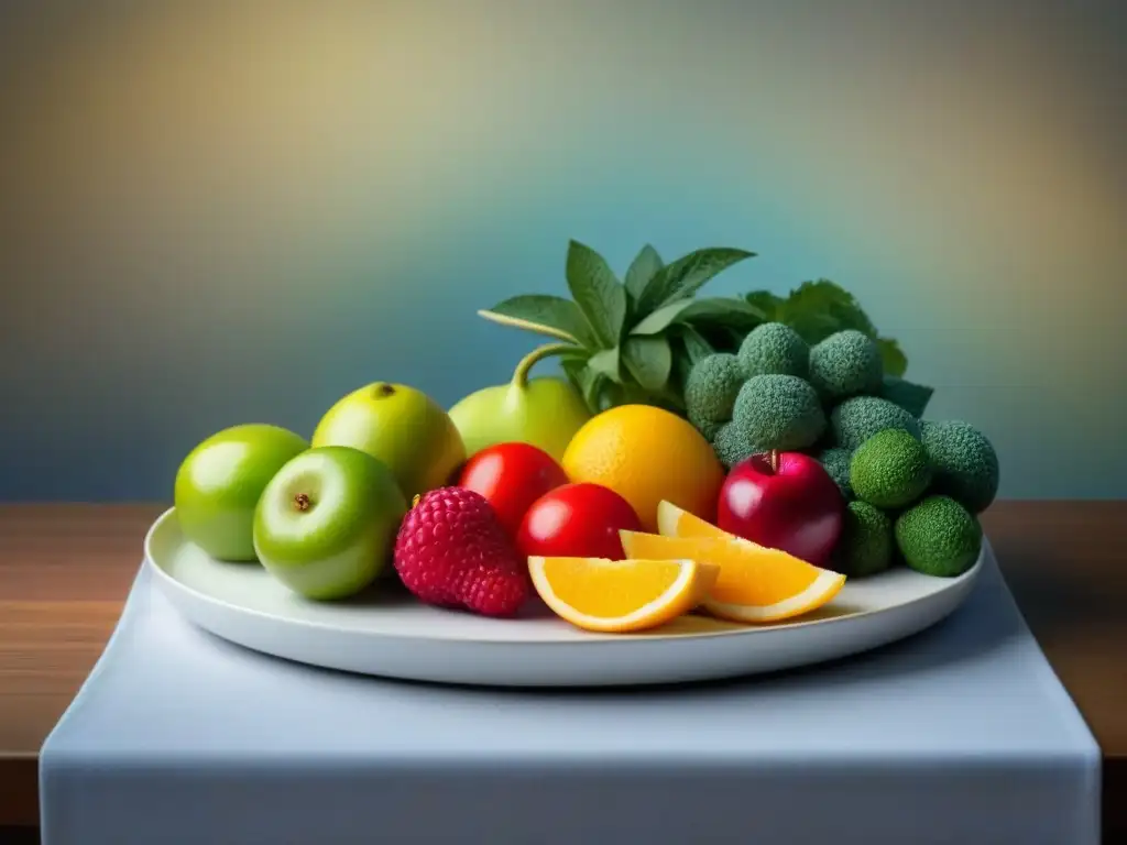 Una composición artística de frutas y verduras frescas y coloridas sobre un plato blanco, ideal para satisfacer tus necesidades dietéticas en cruceros