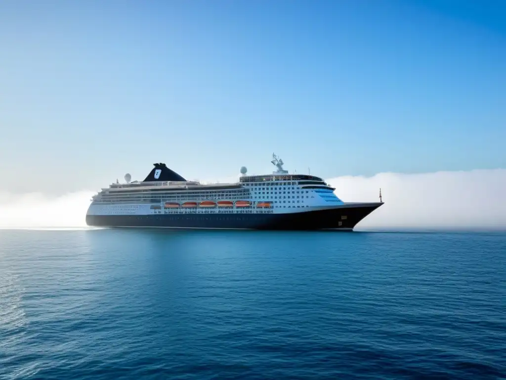 Compromiso cruceros conservación medio ambiente: Barco elegante surcando un océano sereno y limpio, bajo cielo azul