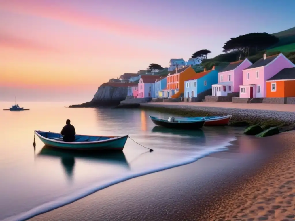 Comunidad costera al amanecer, casas pastel, pescador y barcos en calma