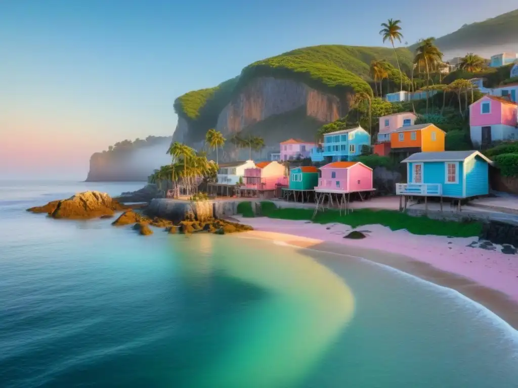 Una comunidad costera serena al amanecer, con botes de pesca meciéndose en el mar, palmeras verdes y casas coloridas en los acantilados