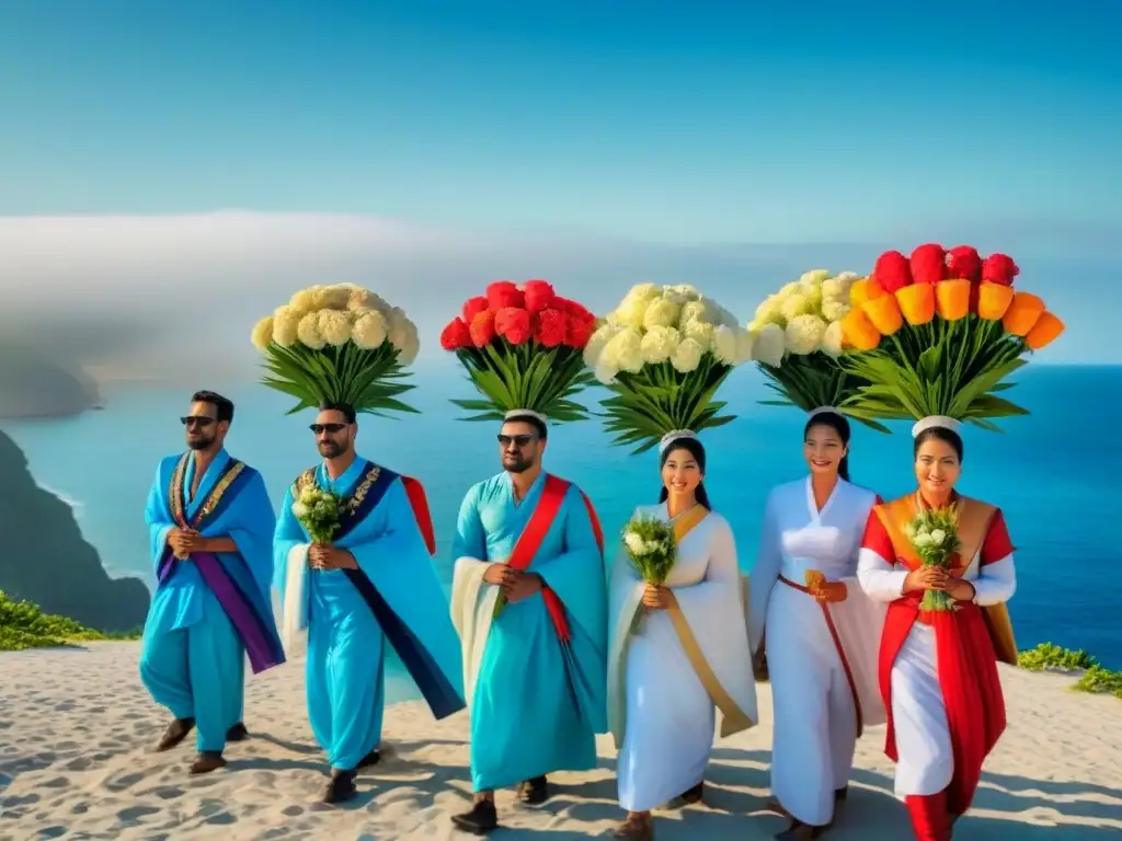 Procesión del santo patrón en comunidad costera con trajes tradicionales y flores, junto al mar