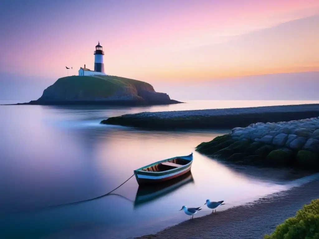 Comunidad pesquera zarpa al amanecer en botes de madera, reflejos rosados en el mar