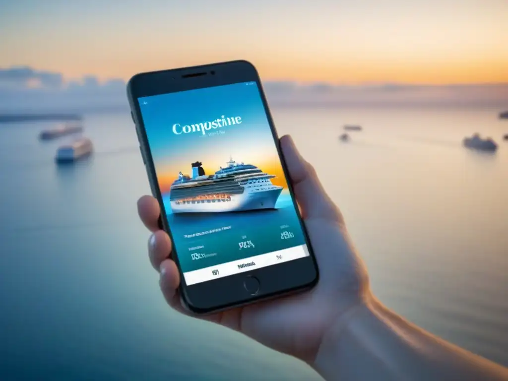 Concepto visual moderno: teléfono muestra crucero, simbolizando marketing móvil para cruceros