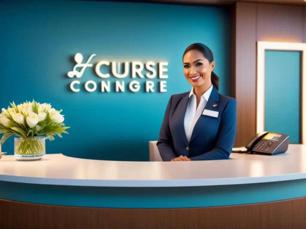 Un concierge amable brinda las mejores recomendaciones en un elegante escritorio de crucero, en tonos calmados y lujosos