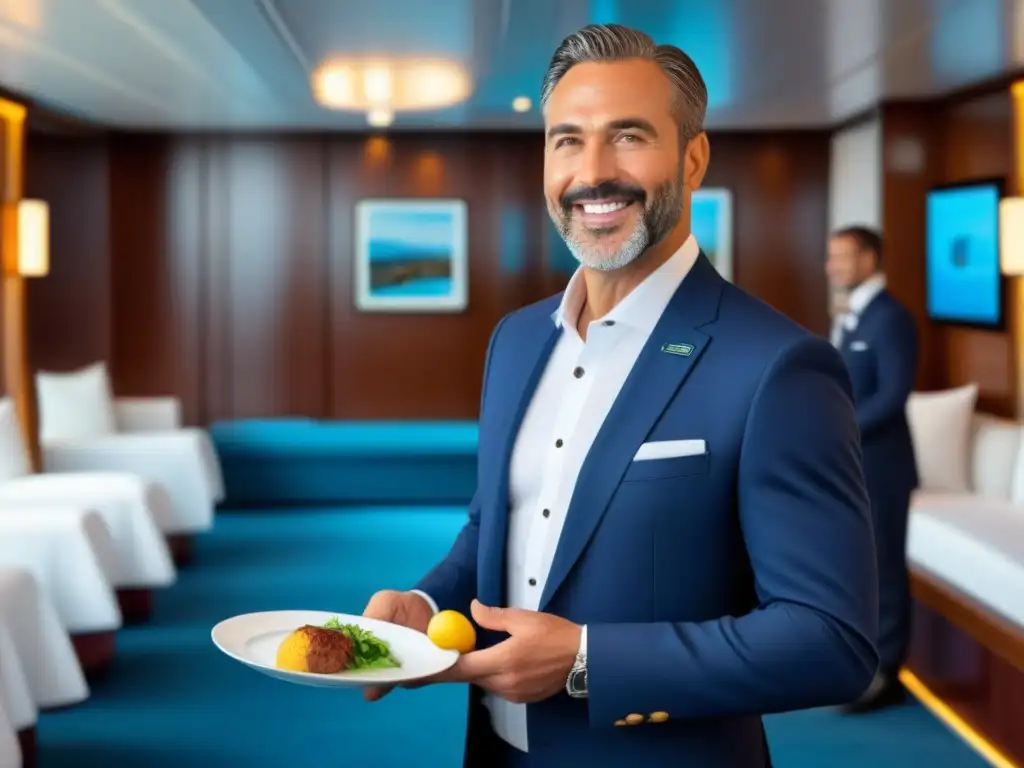 Un concierge en un crucero brinda las mejores recomendaciones a pasajeros, con un fondo de mar sereno