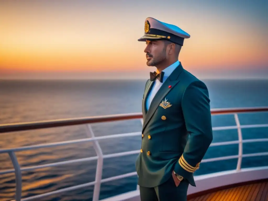 Concierge en cruceros momentos mágicos: profesional silueta en cubierta al atardecer dorado en alta mar