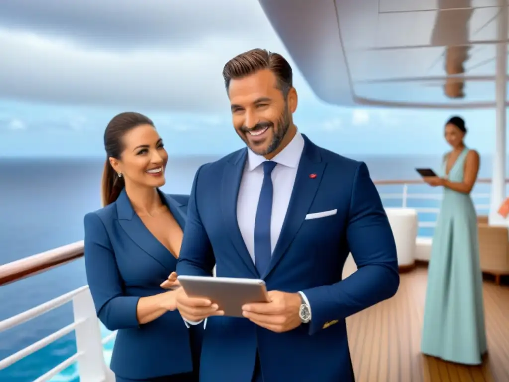 Un concierge en cruceros momentos mágicos, asistiendo a una pareja con vistas al mar