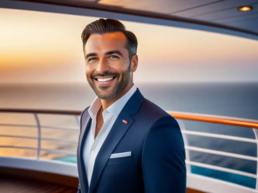 Un concierge sonriente atiende a pasajeros felices en un lujoso crucero, con un océano cristalino y un atardecer pintoresco de fondo