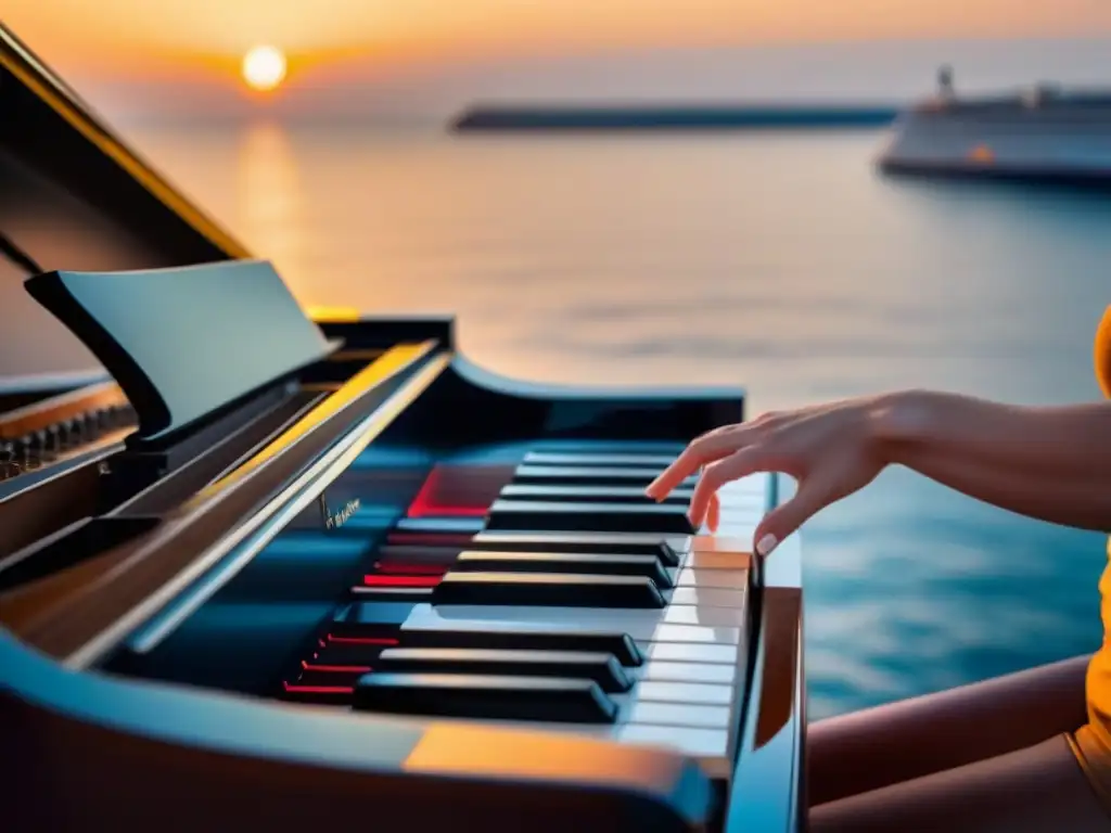 Conciertos en cruceros de lujo: Pianista tocando un piano de cola al atardecer en cubierta de un lujoso barco, con el mar tranquilo de fondo