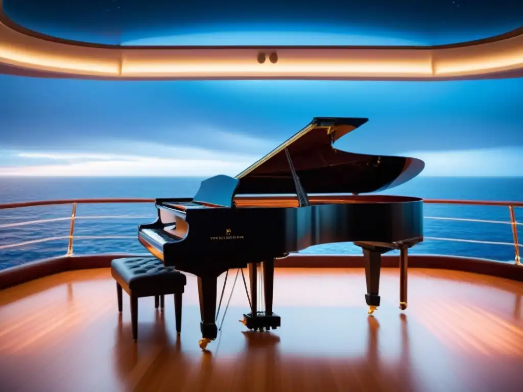 Conciertos en cruceros de lujo: Un piano iluminado en cubierta, reflejándose en un suelo pulido, con el mar y estrellas de fondo