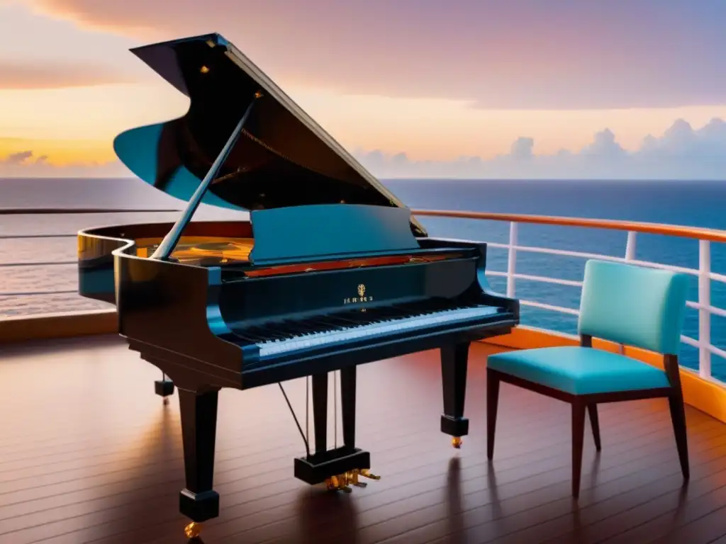 Conciertos en cruceros de lujo: Piano de cola iluminado al atardecer en elegante cubierta, rodeado de sillas y mesas