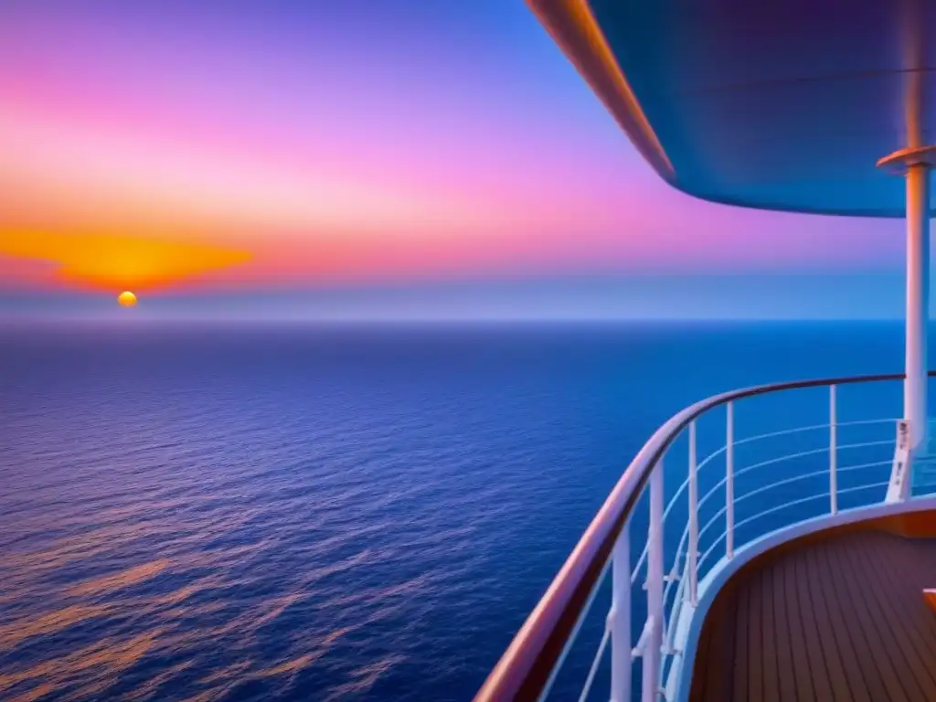 Conectividad wifi en cruceros de lujo: Atardecer sereno en el mar desde la cubierta de un lujoso barco, con un cielo rosado y anaranjado